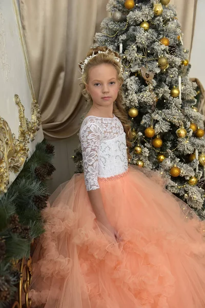 Retrato de uma princesa em um vestido de pêssego exuberante — Fotografia de Stock