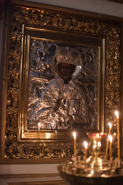 Russland Pskov 2015 Ikone Des Heiligen Nikolaus Des Wundertäters Silbernem — Stockfoto