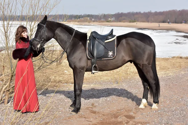 Donna in abito vintage con cavallo — Foto Stock