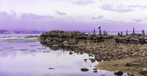 Baikal, Olkhon. Restos do cais da fábrica de peixe no P — Fotografia de Stock