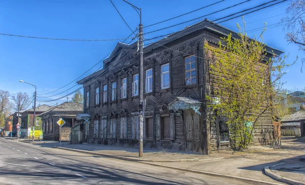 Rusia Irkutsk 2018 Arquitectura Madera Siberia Casas Madera Las Calles — Foto de Stock