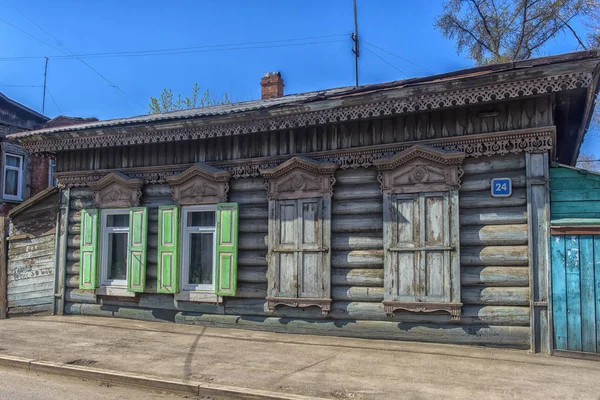 Rússia Irkutsk 2018 Arquitetura Madeira Sibéria Casas Madeira Ruas Centro — Fotografia de Stock