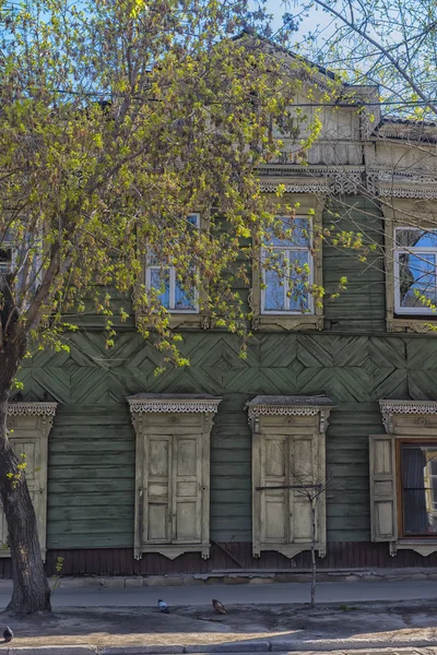 Rússia Irkutsk 2018 Arquitetura Madeira Sibéria Casas Madeira Ruas Centro — Fotografia de Stock