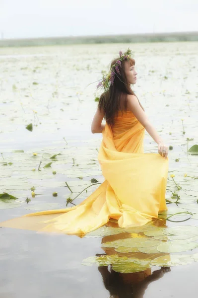 Brunette girl in a yellow dress with a wreath of flowers on her — ストック写真