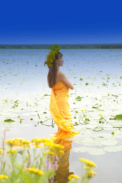 Brunette girl in a yellow dress with a wreath of flowers on her — ストック写真