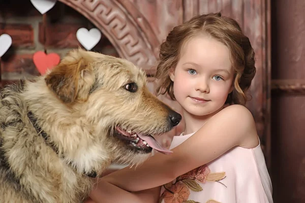Girl in a pink dress with a dog mongrel by the fireplace — Stock Photo, Image