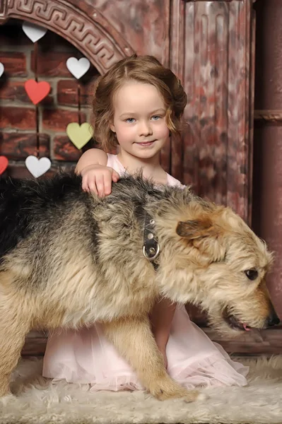 Fille dans une robe rose avec un chien bâtard près de la cheminée — Photo