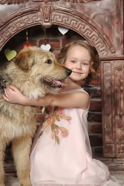 Chica en un vestido rosa con un perro mestizo junto a la chimenea — Foto de Stock