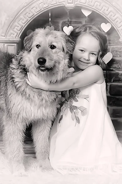 Fille dans une robe rose avec un chien bâtard près de la cheminée — Photo