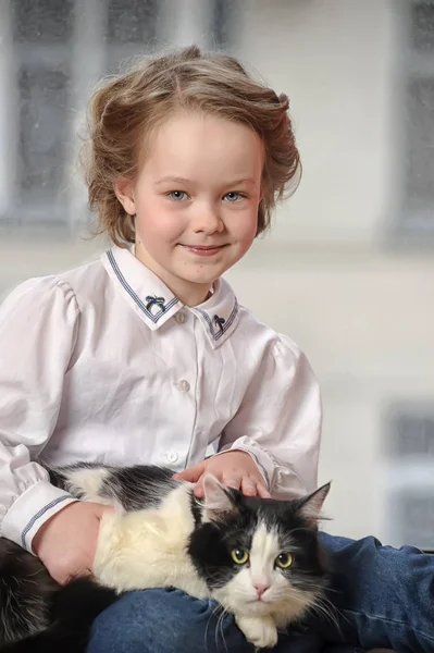 Menina bonito com um gato em seus braços senta-se — Fotografia de Stock