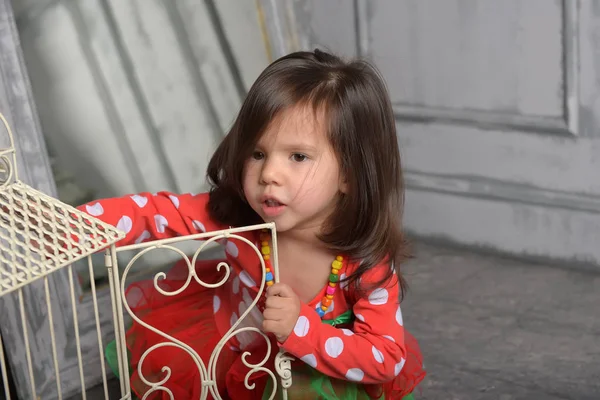 Little brunette girl playing on the floor with a bird cage — Stock Photo, Image