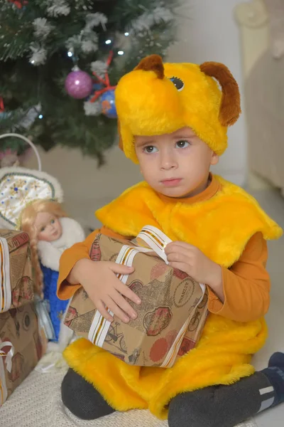 Menino em traje de cachorro no Natal — Fotografia de Stock