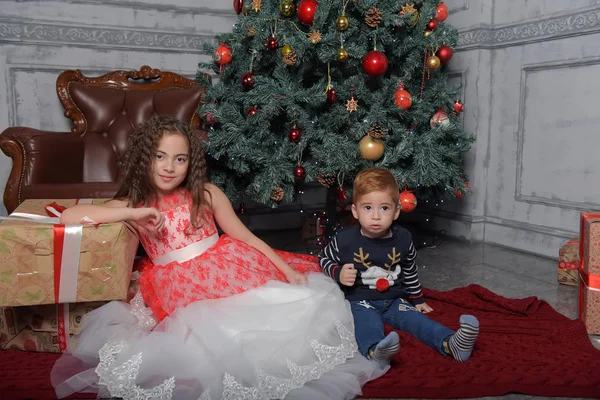 Dívka v elegantních šatech v blízkosti vánočního stromečku se svým bratrem — Stock fotografie