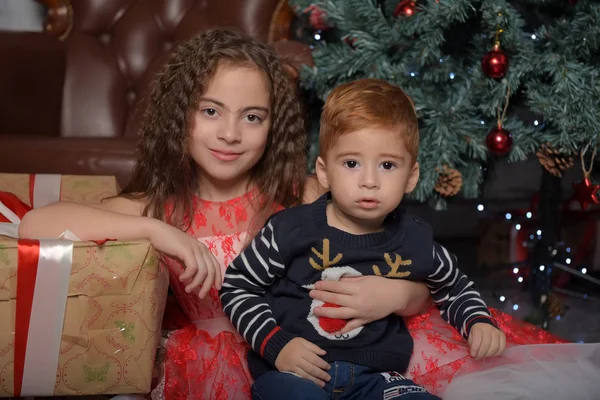 Menina em vestido elegante perto da árvore de Natal com seu irmão — Fotografia de Stock