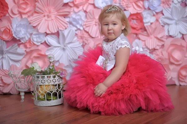 Kis pufók lány elegáns buja fehér rózsaszín ruha — Stock Fotó