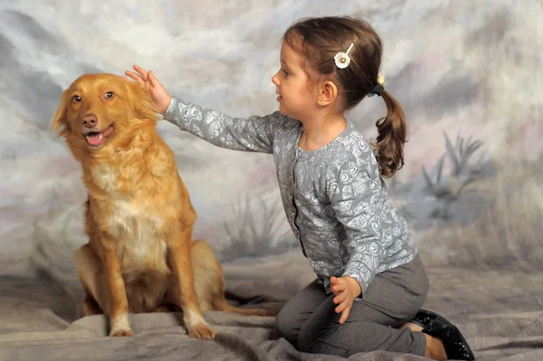 Little girl with a red dog nearby, — Stock Photo, Image