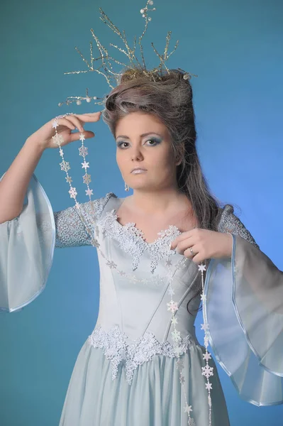 Young snow queen princess. Beautiful snowy hairstyle. Decollete. — Stock Photo, Image