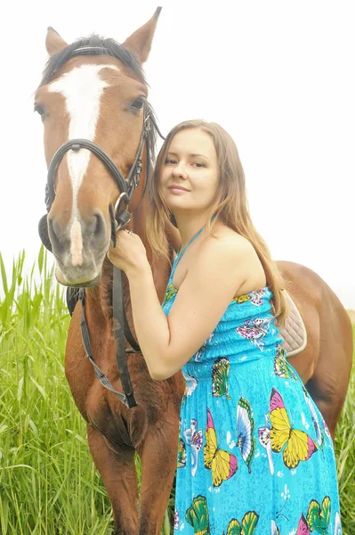 Girl in a summer dress in a field — 스톡 사진