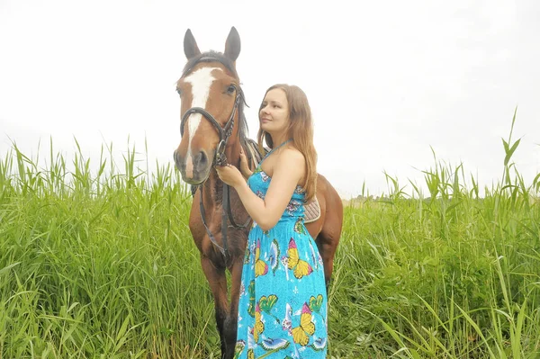 Girl in a summer dress in a field — Stock Photo, Image