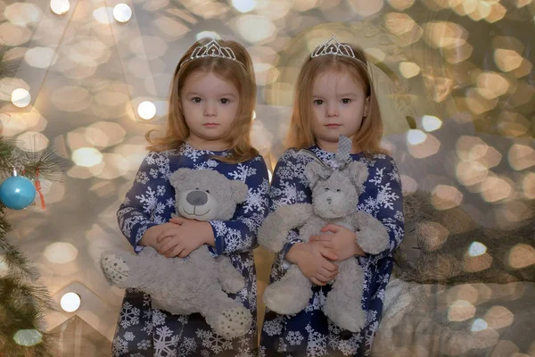 Niñas gemelas en vestidos azules con osos de peluche en la mano — Foto de Stock