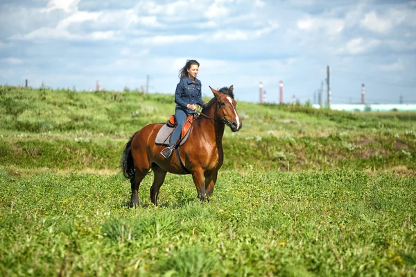 夏天穿牛仔裤的女孩在田野里骑马 — 图库照片