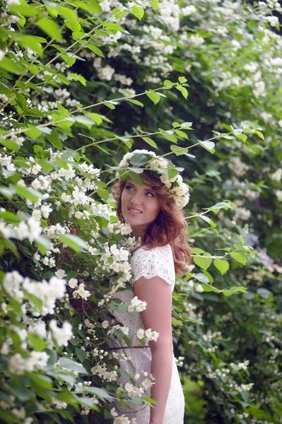 Girl next to a flowering tree. Brunette, freshness. — Stock Photo, Image