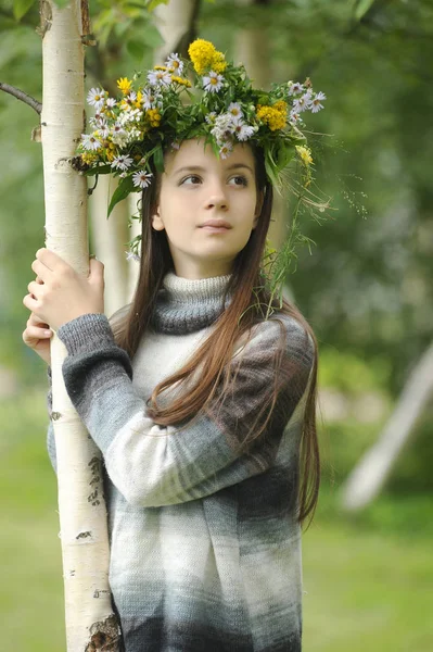 Dziewczyna z wieńcem dzikich kwiatów na głowie w pobliżu brzozy — Zdjęcie stockowe