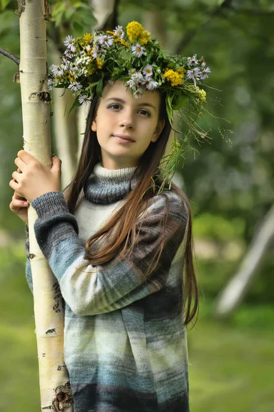 Lány koszorúval vadvirágok a fején közel egy nyírfa — Stock Fotó
