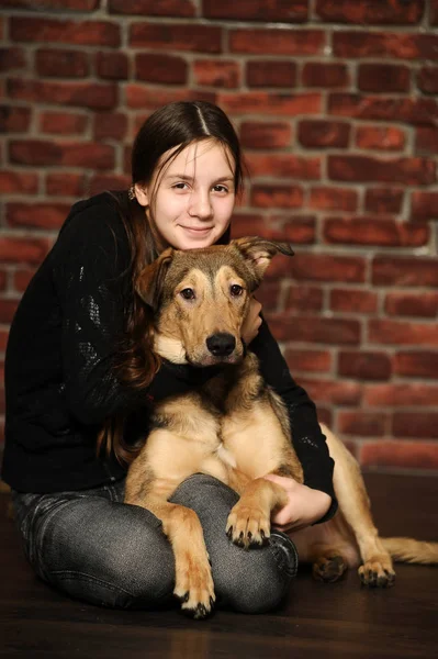 Mädchen mit einem glücklichen Hund, auf einem — Stockfoto