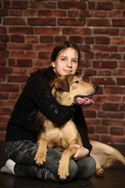 Mädchen mit einem glücklichen Hund, auf einem — Stockfoto