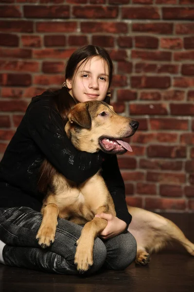 Dívka se šťastným psem, na — Stock fotografie