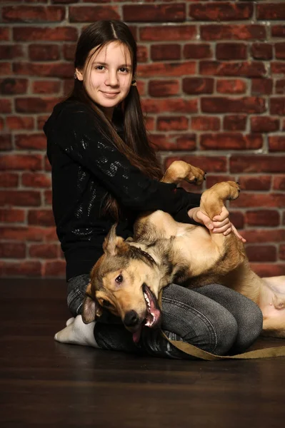 Fille avec un chien heureux, sur un — Photo