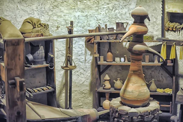 Medieval Alchemy shop with flasks and tools — Stock Photo, Image