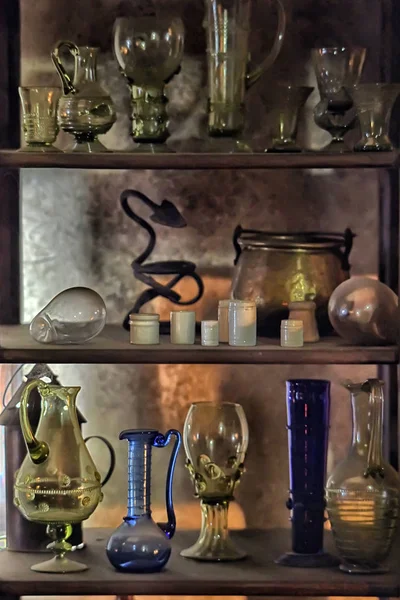 Medieval Alchemy shop with flasks and tools — 스톡 사진