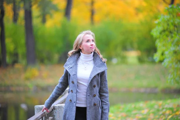 Meisje in een grijze jas in park — Stockfoto