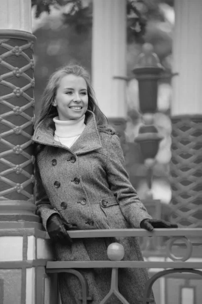 Menina em um casaco cinza no parque de outono na ponte — Fotografia de Stock