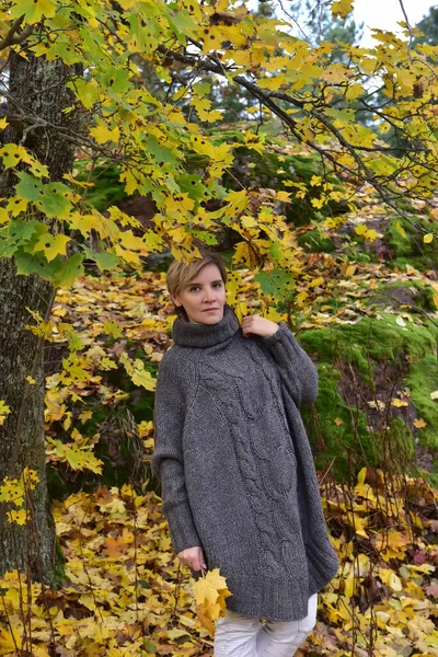 Woman Gray Poncho Autumn Park — Stock Photo, Image