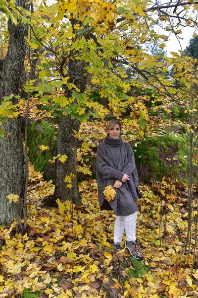 秋天公园里穿着灰色长袍的女人 — 图库照片