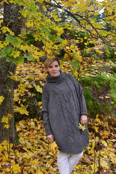 Woman Gray Poncho Autumn Park — Stock Photo, Image