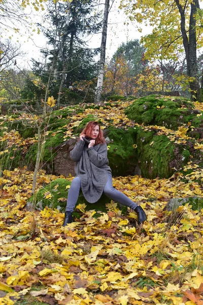 Gri Pançolu Kadın Sonbahar Parkında — Stok fotoğraf