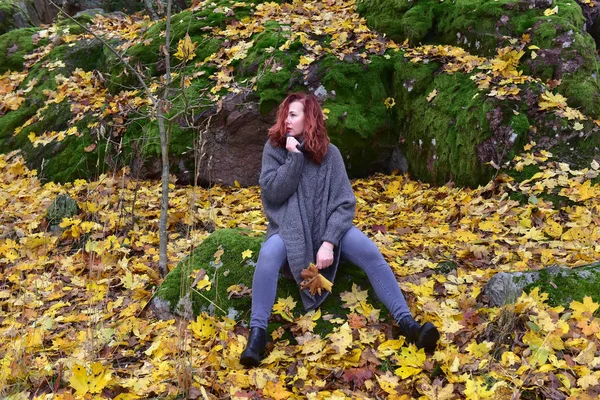 Femme Poncho Gris Dans Parc Automne — Photo