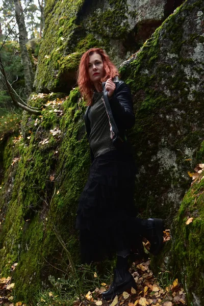 Red Haired Woman Black Leather Jacket Forest Background Moss Covered — Stock Photo, Image