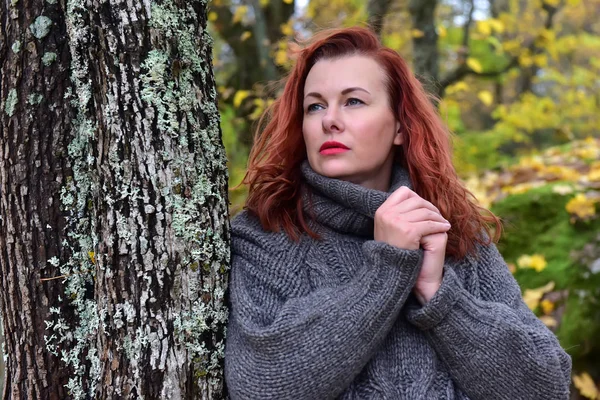 苔で覆われた木の近くの秋の灰色のセーターの赤い髪の女性 — ストック写真
