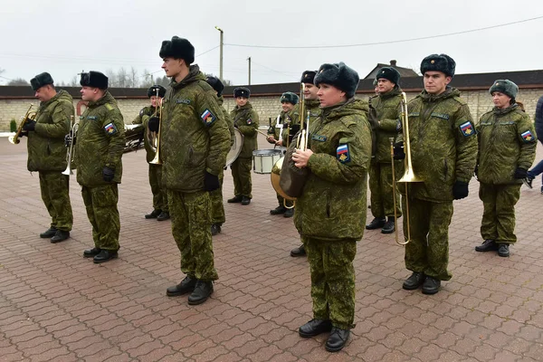 Pskov Russia 2017 Orquestra Militar Celebração Festival Hóquei Infantil — Fotografia de Stock