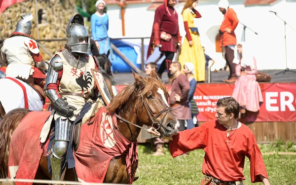 Rusia Izborsk 2013 Batalla Medieval Caballo Campo Festival Medieval Iron — Foto de Stock