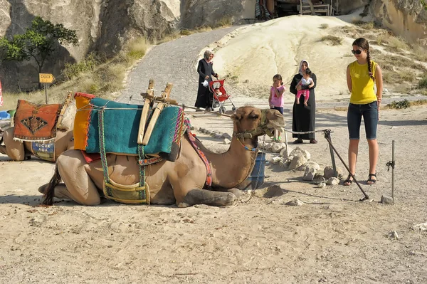 Türkei Kappadokien 2017 Kamele Und Touristen Den Bergen Kappadokiens — Stockfoto