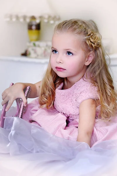 Cute Little Blonde Girl Pink Dress Curls Beautiful Hairstyle — Stock Photo, Image