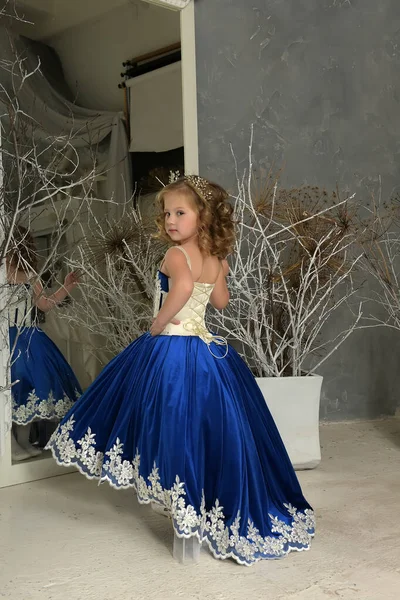 Young Little Princess Blue Velvet Dress Embroidery — Stock Photo, Image