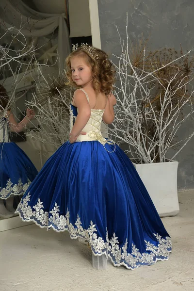 Young Little Princess Blue Velvet Dress Embroidery — Stock Photo, Image