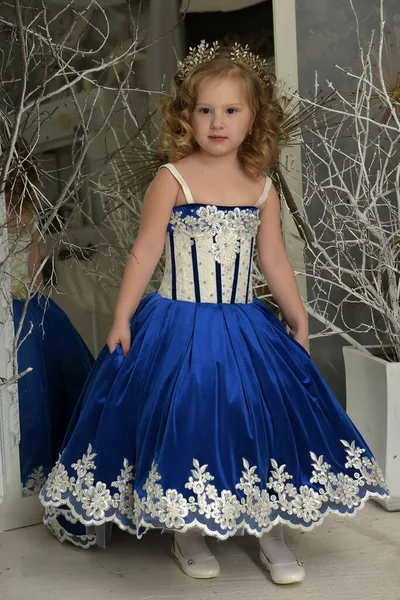 Young Little Princess Blue Velvet Dress Embroidery — Stock Photo, Image